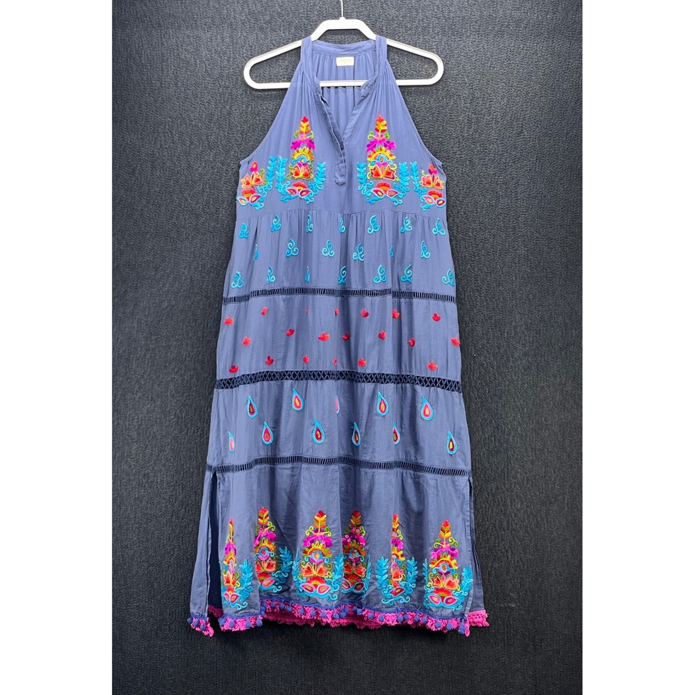 Lula Soul Womens Blue Cotton Embroidered Halter Maxi Dress Tiered Pockets M